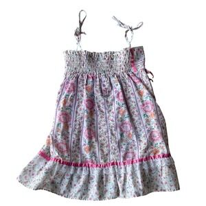 Kids Floral Smocked Sundress Pink Purple Tie Strap Lace Trim Cottagecore Boho